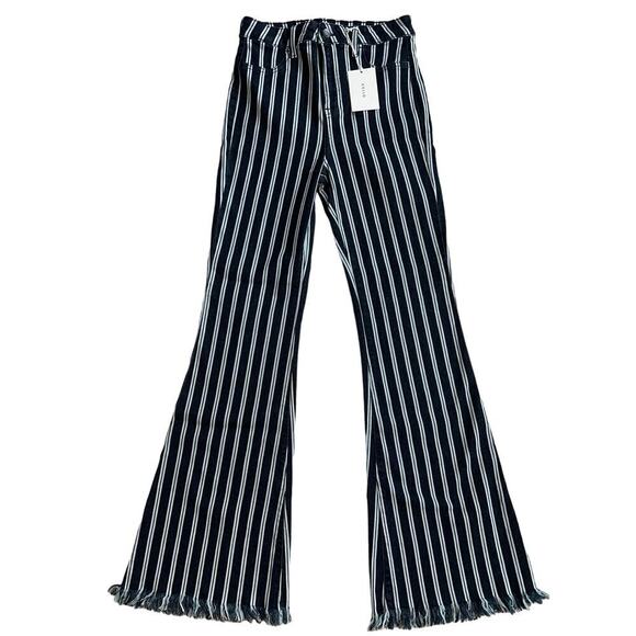 Cello Denim - Cello High Rise Striped Flare Frayed Jeans Size 5 Dark Navy White Boho Hippie